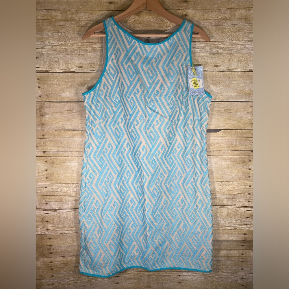NWT Chelsea & Violet Dress sz L Beige Blue Shift Textured Keyhole Ikat Lined